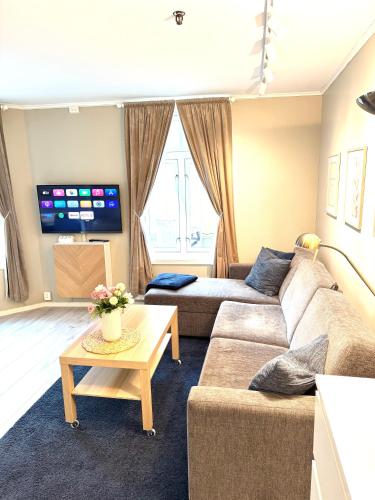 a living room with a couch and a table at Stor attraktiv studioleilighet i sentrum in Trondheim
