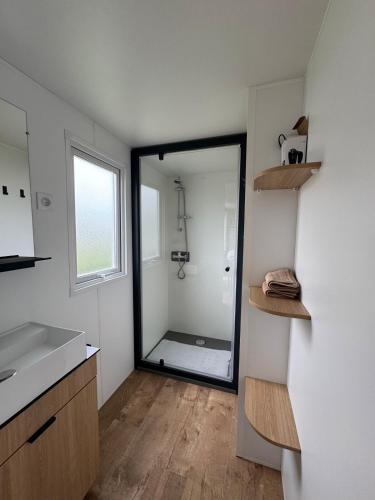 une salle de bain avec une douche, un lavabo et un miroir dans l'établissement Mobile Home 146, 5 pers Camping Siblu 4 étoiles le Lac des Reves, à Lattes