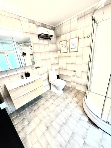 a bathroom with a toilet and a sink and a shower at Stor attraktiv studioleilighet i sentrum in Trondheim