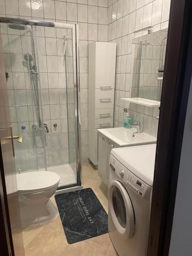 a bathroom with a shower toilet and a washing machine at Apartman Marly in Krapinske Toplice