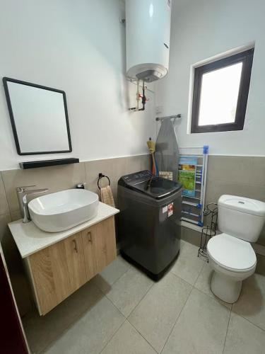 a bathroom with a sink and a toilet and a trash can at Kensington Seaviews in Flic-en-Flac