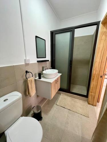 a bathroom with a toilet and a sink and a mirror at Kensington Seaviews in Flic-en-Flac
