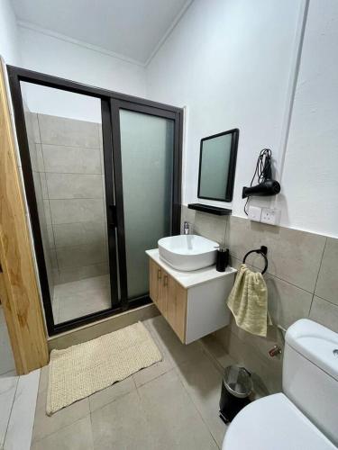 a bathroom with a sink and a toilet and a mirror at Kensington Seaviews in Flic-en-Flac