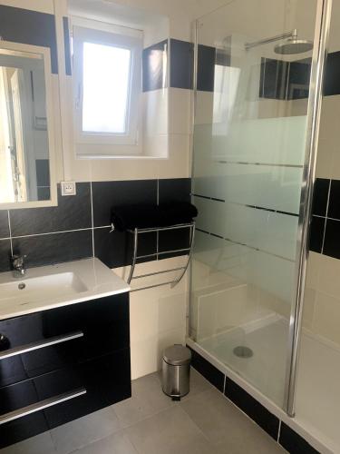 une salle de bain avec douche et lavabo dans l'établissement Maison de pêcheur à Locquirec, plage à 600M, à Locquirec