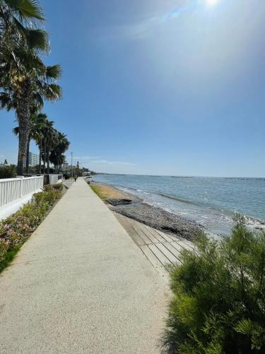 a walkway along the beach with palm trees and the ocean at Sea Breeze - Oroklini in Voroklini