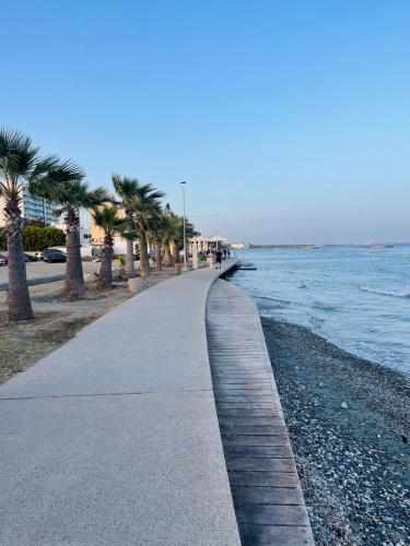 a sidewalk next to the ocean with palm trees at Sea Breeze - Oroklini in Voroklini