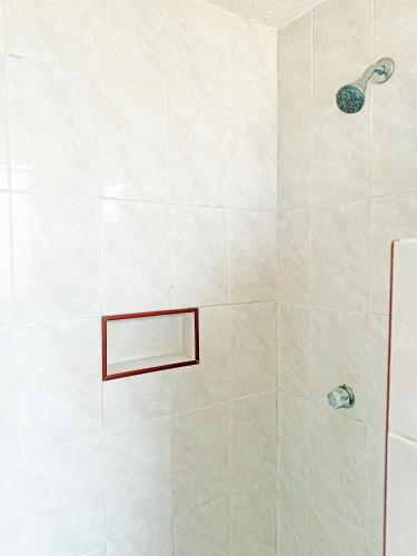 a shower with a glass door in a bathroom at Hotel Faro in Mexico City