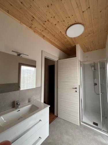 a bathroom with a sink and a shower and a mirror at Appartamenti la Muraca Family in Capizzone