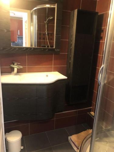 une salle de bain avec un lavabo et un miroir dans l'établissement Résidence Christiania - APPARTEMENT ALPE D'HUEZ QUARTIER BERGERS MAE-3141, à Huez