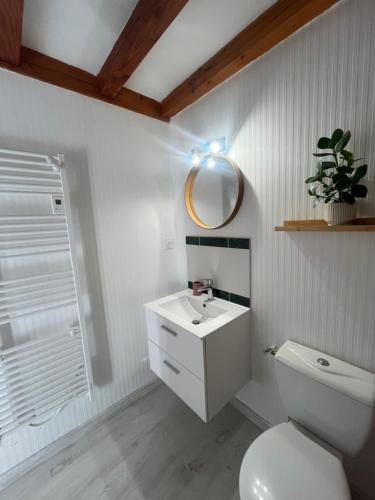 une salle de bain avec toilettes, lavabo et miroir dans l'établissement Appartement au cœur du centre ville, à Challans