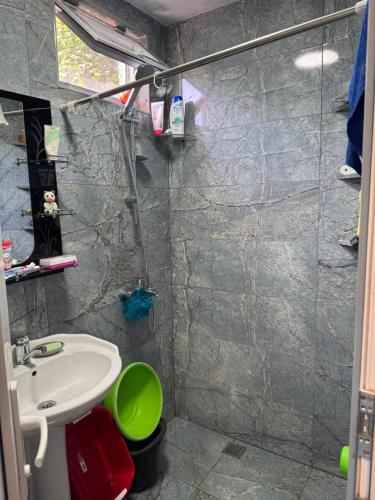 a bathroom with a sink and a shower at Green Field Cottage,Chakvi in Batumi