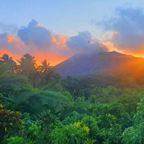 a view of a mountain with palm trees and a sunset at Bird view bungalows in Tatafo