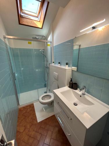 une salle de bain avec un lavabo, une douche et des toilettes dans l'établissement Raphaël, à Aix-les-Bains