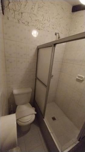a bathroom with a toilet and a shower at Mansión de la Bolivia in La Paz