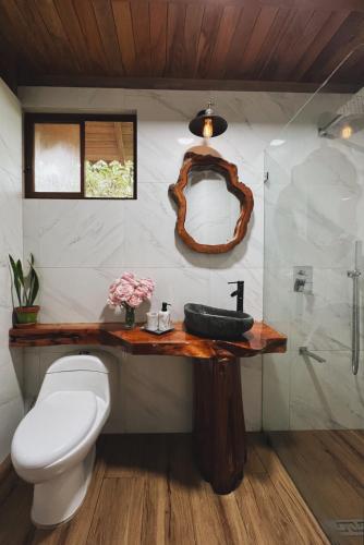 a bathroom with a toilet and a sink and a mirror at Cabaña "Los Cedros", Sumak Cabañas in Baeza