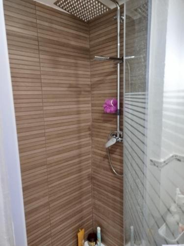 une salle de bain avec une douche avec une porte vitrée dans l'établissement appartement 56 m2 et grande terrasse 30m2, à Agde