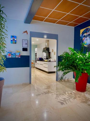 a hallway with a room with a kitchen and a plant at Villa Rose Marie Calme et Grands Espaces in Le François