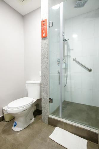 a bathroom with a toilet and a glass shower at ibis Quito in Quito
