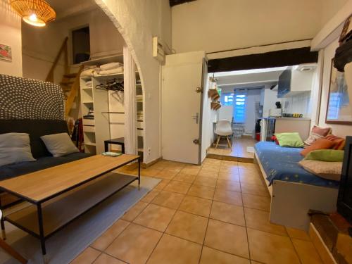 un salon avec un canapé et une table dans l'établissement Aix-en-Provence Proche Thermes Sextius et Pavillon Vendôme, à Aix-en-Provence