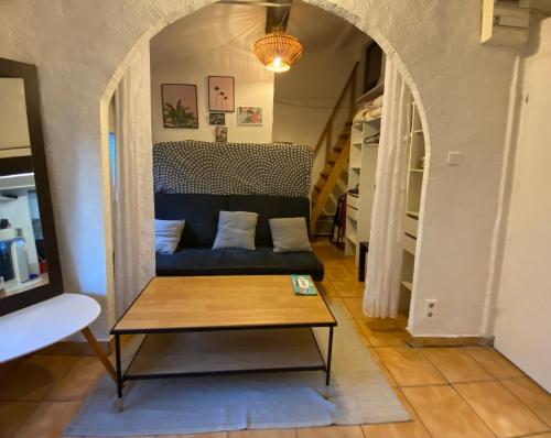 un salon avec un canapé et une table dans l'établissement Aix-en-Provence Proche Thermes Sextius et Pavillon Vendôme, à Aix-en-Provence