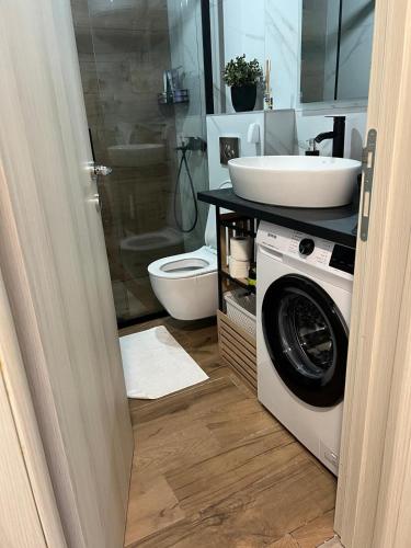a bathroom with a washing machine and a sink at Private Villa with Pool - Utjeha Hills in Utjeha