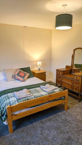 a bedroom with a bed and a dresser and a mirror at Y Fedw Wen in Bont Newydd