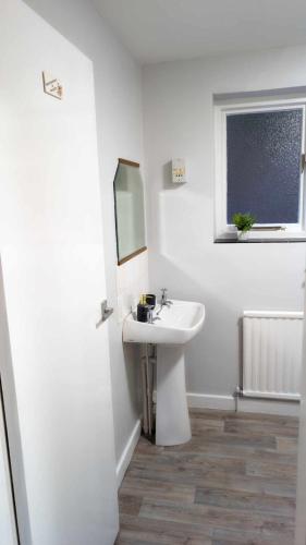a white bathroom with a sink and a mirror at Y Fedw Wen in Bont Newydd
