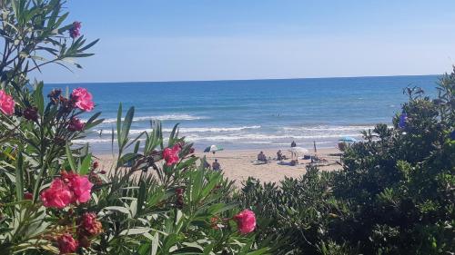 a beach with people on the sand and the ocean at Playa Romana in Alcossebre