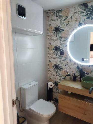 a bathroom with a toilet and a sink and a mirror at Loft Claudia Portil in Punta Umbría