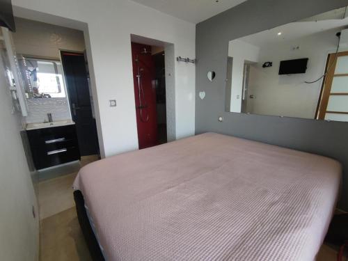 une chambre avec un lit et un grand miroir dans l'établissement Appartement 17, Héliopolis O au village naturiste, au Cap d'Agde