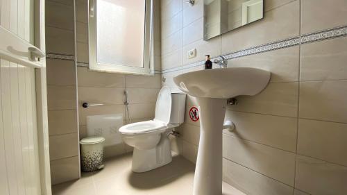 a small bathroom with a sink and a toilet at Northgate Apart-Villa in Shkodër
