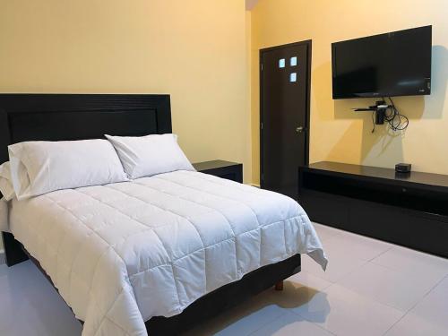 ein Schlafzimmer mit einem Bett und einem Flachbildfernseher in der Unterkunft Casa Lomas de Cuernavaca in Jiutepec