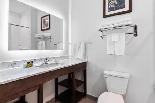 a bathroom with a toilet and a sink and a mirror at Best Western Plus New Richmond Inn & Suites in New Richmond
