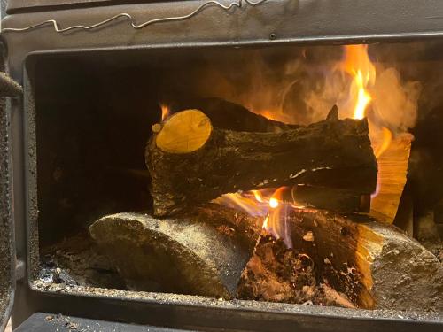 a fire in an oven with logs and rocks at The Crestone Hideaway in Crestone