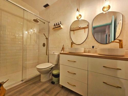 Un baño con inodoro, lavabo y espejo. en Paraíso Las Galanas 2ROOMS, en San Sebastián de la Gomera