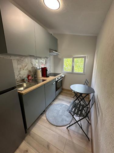 une petite cuisine avec une table et un évier dans l'établissement Three Borders Apartment, à Saint-Louis