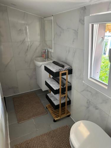 une salle de bain avec toilettes et lavabo dans l'établissement Three Borders Apartment, à Saint-Louis