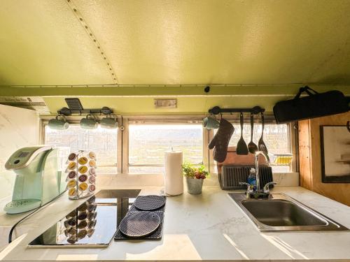 Una cocina o cocineta en The Magic Skoolie