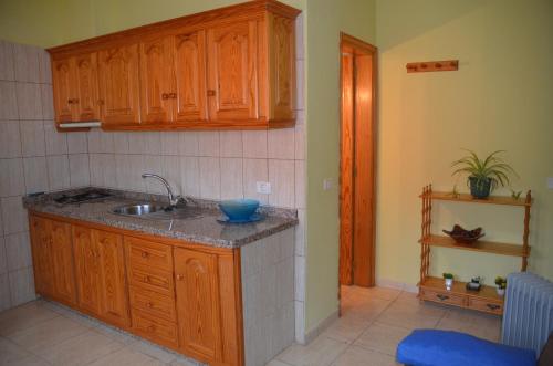 Una cocina con fregadero y armarios de madera. en Apartamentos Arure Plaza, en Arure