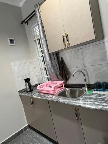 a kitchen counter with a sink and a pink strainer at Licious Homes 1 in Nalakonge