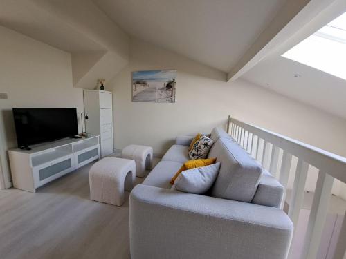 un salon avec un canapé et une télévision dans l'établissement T2 Duplex Refait à Neuf, Proche Plages, Parking et WIFI - FR-1-521-255, à Biscarrosse