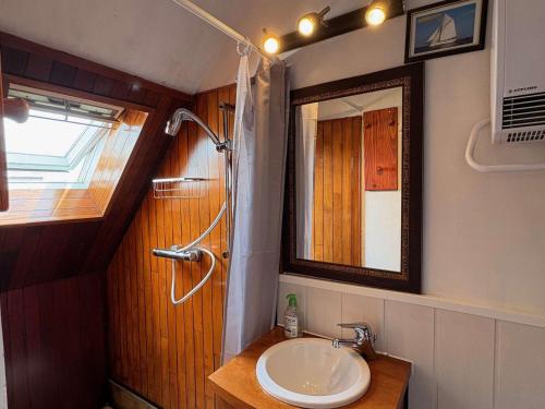 une salle de bain avec un lavabo et un miroir dans l'établissement Maison de pêcheur charmante avec parking sur l'Île Grande - FR-1-542-72, à Pleumeur-Bodou