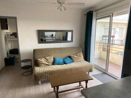un salon avec un canapé et un miroir dans l'établissement Deux-pièces 5 pers, centre-ville, vue montagne, plage à 150m - FR-1-750-108, à Canet