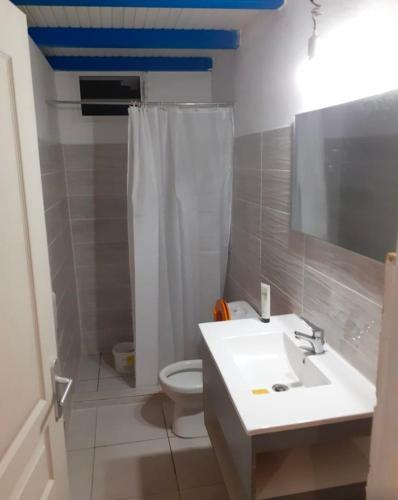 a bathroom with a white sink and a toilet at BGF Location in Anse-Bertrand