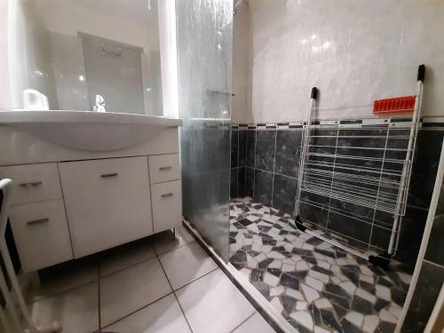une salle de bain avec un lavabo et une douche dans l'établissement Deux-pièces en bord de mer pour 4 personnes - FR-1-750-114, à Canet