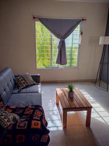 RivadaviaにあるMonoambiente amobladoのソファとテーブルと窓のあるリビングルーム