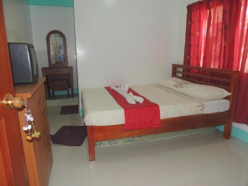 a bedroom with a bed and a tv and a bedskirtspectspectspectspects at Palm Grove Saud Holiday Complex Hotel in Laoag
