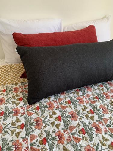 una cama con una almohada negra y almohadas rojas en Mountain Beach House, en Zaragoza