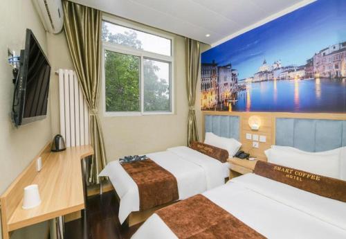 a hotel room with two beds and a painting on the wall at PAI Hotels Beijing Tongzhou Majuqiao in Majuqiao
