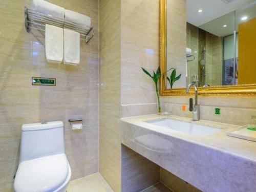a bathroom with a toilet and a sink and a mirror at Vienna Hotel Guangxi Fangcheng in Fangcheng